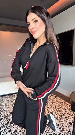 Kadın Uzun Kollu Fermuarlı Viskon Iki Iplik Bluz Ve Pantolon Ikili Takım