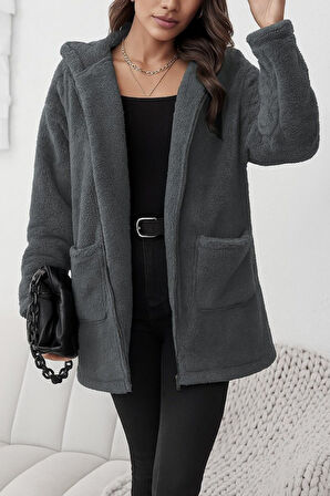 Kadın Uzun Kollu Kapşonlu önden Fermuarlı Cepli Welsoft Ceket
