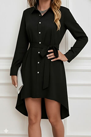 Kadın Uzun Kollu ön Kısım Kısım Arka Kısım Uzun Trikoton Gömlek Elbise