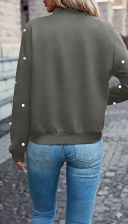 Kadın Uzun Kollu önden Fermuarlı Incili Kısa Modal Ceket