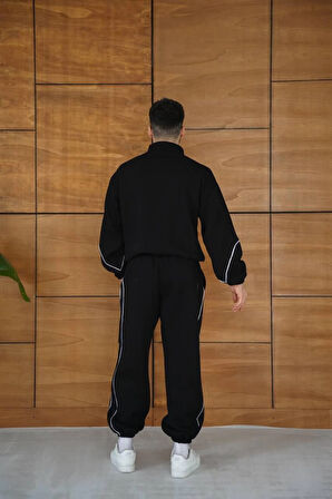 Erkek Premium Parçalı Eşofman Takım - Dik Yaka Fermuarlı Biyeli Sweatshirt Lastik Paça Alt, Oversize 3 Iplik Şardonlu - Siyah