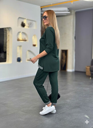 Kadın Uzun Kollu Fermuarlı şerit Detay Desenli Alt üst Ikili Viskon Iki Iplik Takım