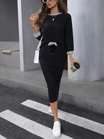 Kadın Uzun Kollu Yakası Açık şardonlu Kaşkorse Bluz Ve Eteği Bağcıklı Ikili Takım