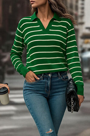 Kadın Uzun Kollu V Yaka çizgili Triko Bluz