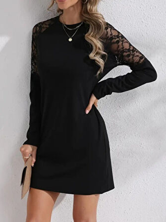 Kadın Uzun Kollu Bisiklet Yaka Dantel Detaylı Visk8n Iki Iplik Düğmeli Mini Elbise