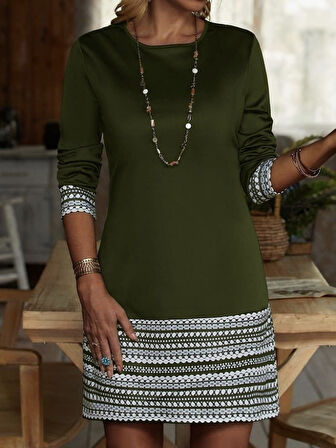 Kadın Uzun Kollu Bisiklet Yaka Kol Ağzı Ve Etek Ucu Baskılı Iki Iplik Elbise