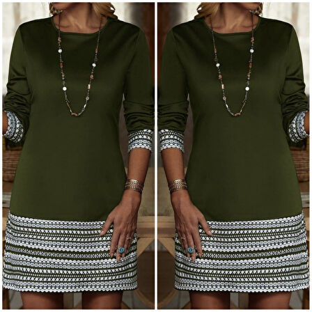 Kadın Uzun Kollu Bisiklet Yaka Kol Ağzı Ve Etek Ucu Baskılı Iki Iplik Elbise