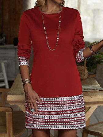 Kadın Uzun Kollu Bisiklet Yaka Kol Ağzı Ve Etek Ucu Baskılı Iki Iplik Elbise