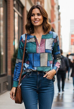 Kadın Uzun Kollu Yakadan Fermuarlı Kot Görünüm Desenli Uzun Modal Bluz