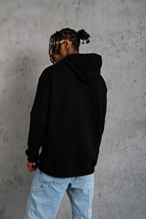 Erkek Oversize Kapüşonlu Sweatshirt – Siyah Renk Üç İplik İçi Pamuklu Kanguru Cepli Baskılı Hoodie Rahat Kalıp Kışlık Günlük Kombinlere Uygun - Siyah