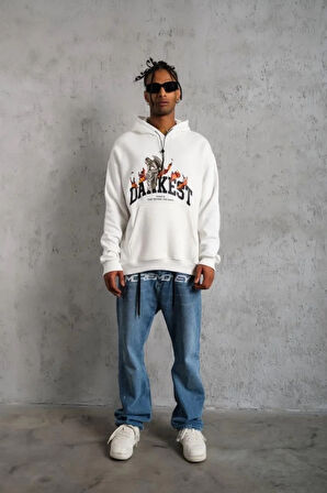 Erkek Oversize Kapüşonlu Sweatshirt – Beyaz Renk Üç İplik İçi Pamuklu Kanguru Cepli Baskılı Hoodie Rahat Kalıp Kışlık Günlük Kombinlere Uygun - Beyaz