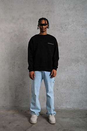 Erkek Oversize Sweatshirt – Siyah Renk  Ön Ve Sırt Baskılı, Üç İplik İçi Pamuklu Kumaş, Rahat Kalıp, Ribanalı Kışlık Sweat  Winagain Polizei Serisi - Siyah