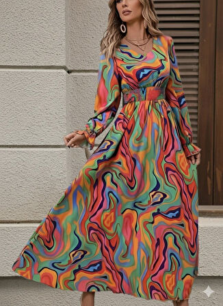 Kadın Uzun Kollu V Yakalı Desenli Maxi Süprem Elbise