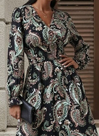 Kadın Uzun Kollu Kruvaze Yaka Beli Lastikli Uzun Desenli Maxi Elbise