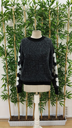 Kadın Uzun Kollu Bisiklet Yaka çiçek Desenli Triko Bluz