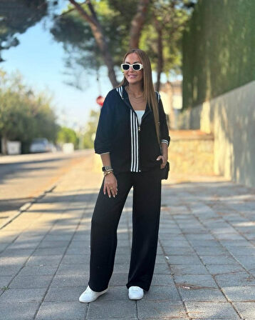 Kadın Uzun Kollu Kapşonlu Onu şerit Detaylı Fermuarlı Viskon Iki Iplik Bluz Ve Pantolon Ikili Takım