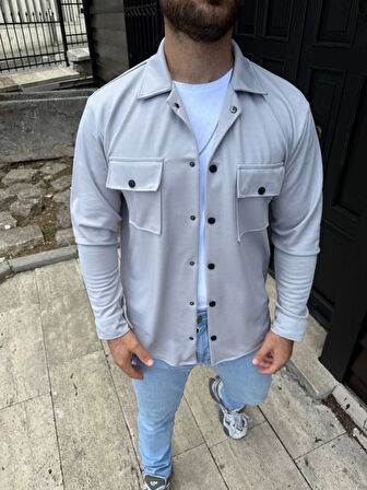 Erkek Diagonal Kumaş Cepli Çıtçıtlı Uzun Kollu, Gömlek Oversize Rahat Kalıp Günlük Şık Stil - Gri