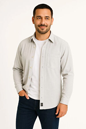 Erkek Fitilli Kadife Cepli Gömlek Oversize Rahat Kalıp - Gri