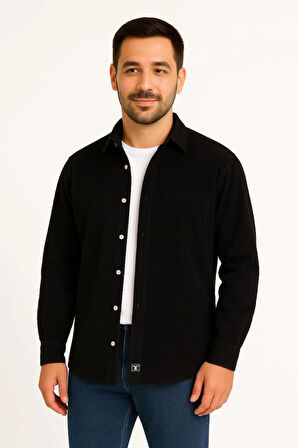 Erkek Fitilli Kadife Cepli Gömlek Oversize Rahat Kalıp - Siyah