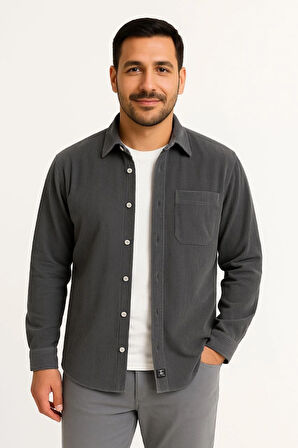 Erkek Fitilli Kadife Cepli Gömlek Oversize Rahat Kalıp - Füme