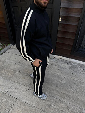 Erkek Çift Şeritli Eşofman Takım Dik Yaka Fermuarlı Sweatshirt Boru Paça Alt, Oversize 3 Iplik Pamuklu - Siyah