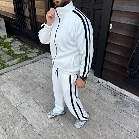 Erkek Çift Şeritli Eşofman Takım Dik Yaka Fermuarlı Sweatshirt Boru Paça Alt, Oversize 3 Iplik Pamuklu - Beyaz