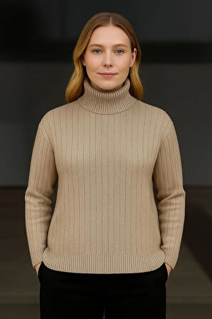 Balıkcı Yaka Bağazlı Triko Kazak Pamuklu Kalın Fitilli Dokuma - Bej