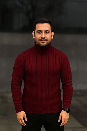 Erkek Balıkcı Yaka Bağazlı Triko Kazak Pamuklu Kalın Fitilli Dokuma, Regular Fit Uzun Kollu Kışlık Model - Bordo