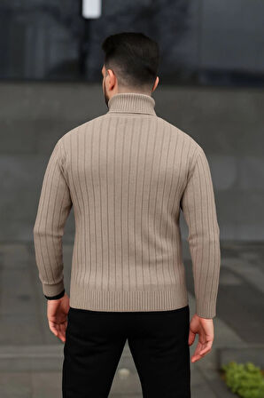 Erkek Balıkcı Yaka Bağazlı Triko Kazak Pamuklu Kalın Fitilli Dokuma, Regular Fit Uzun Kollu Kışlık Model - Bej