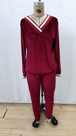 Kadın Uzun Kollu V Yaka Kadife Bluz Ve Pantolon Ikili Takım