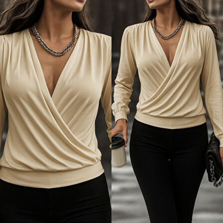 Kadın Uzun Kollu Kruvaze Yaka Sandy Bluz