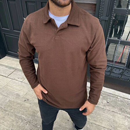 Erkek Fitilli Polar Sweatshirt – Düğmesiz Polo Yaka, Oversize Rahat Kalıp, Kalın Polar Kumaş, Kışlık Ve Baharlık Şık Günlük Üst - Kahverengi