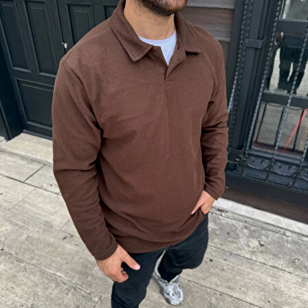 Erkek Fitilli Polar Sweatshirt – Düğmesiz Polo Yaka, Oversize Rahat Kalıp, Kalın Polar Kumaş, Kışlık Ve Baharlık Şık Günlük Üst - Kahverengi