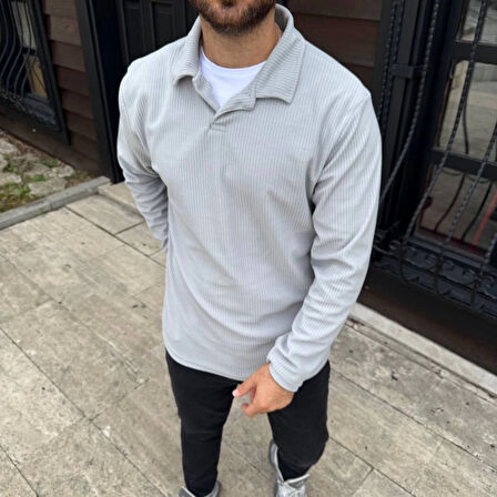 Erkek Fitilli Polar Sweatshirt – Düğmesiz Polo Yaka, Oversize Rahat Kalıp, Kalın Polar Kumaş, Kışlık Ve Baharlık Şık Günlük Üst - Gri
