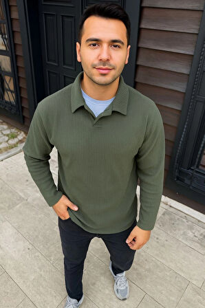 Erkek Fitilli Polar Sweatshirt – Düğmesiz Polo Yaka, Oversize Rahat Kalıp, Kalın Polar Kumaş, Kışlık Ve Baharlık Şık Günlük Üst - Haki