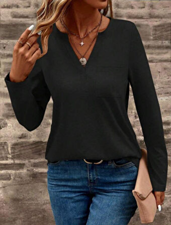 Kadın Uzun Kollu Cepli V Yakalı Viskon Iki Iplik Bluz