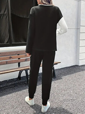 Kadın Uzun Kollu Bisiklet Yaka çift Renkli Viskon Iki Iplik Bluz Ve Pantolon Ikili Takım