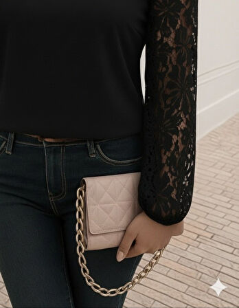 Kadın Uzun Kollu Asimetrik Yakalı Dantelli Ithal Krep Bluz