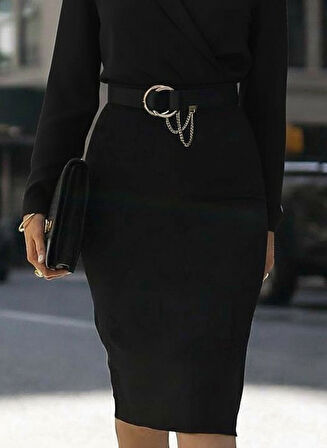 Kadın Uzun Kollu Kruvaze Yaka Janjan Krep Midi Elbise