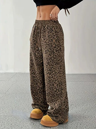 Kadın Yüksek Bel Lastikli Bağcıklı Geniş Kesim Iki Iplik Pantolon