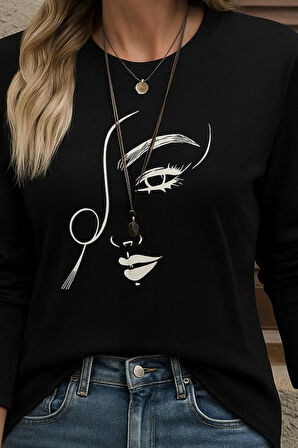 Kadın Uzun Kollu Bisiklet Yaka Yüz Desenli Viskon Bluz