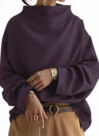 Kadın Uzun Kollu Geniş Balıkçı Yaka Modal Mürdüm Bluz