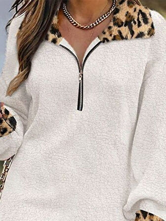 Kadın Uzun Kollu Yakalı önden Fermuarlı Leopar Detaylı Mini Peluş Elbise