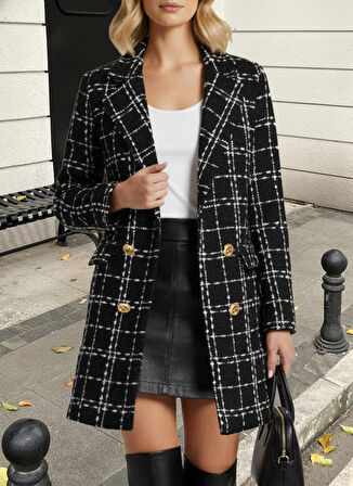 Kadın Uzun Kollu Yakalı önden Düğmeli Dokuma Ceket