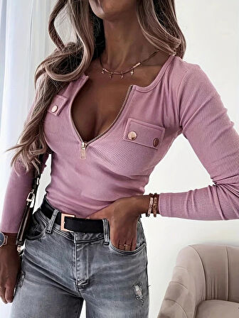 Kadın Uzun Kollu önden Fermuar Ve Cepli Kaşkorse Bluz