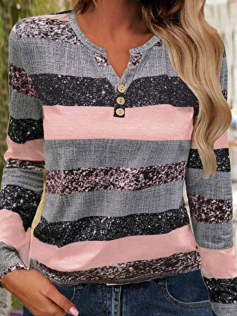 Kadın Uzun Kollu Yakadan Düğmeli çizgili Desenli Süprem Bluz