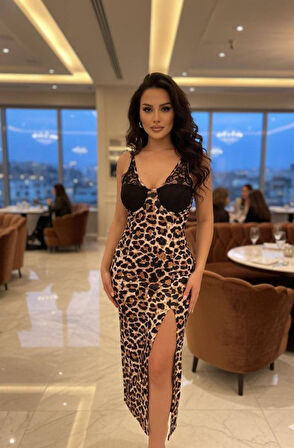 Kadın Dantel Detay Omuz Askılı Leopar Desen Maxi Yırtmaçlı Gloplu Elbise