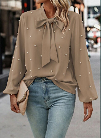 Kadın Uzun Kollu Yakadan Fiyonklu Incili Ithal Krep Bluz