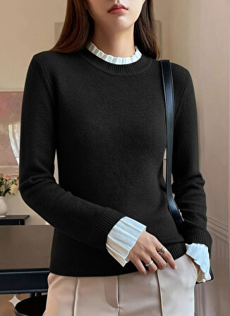 Kadın Uzun Kollu Fırfırlı Yakalı Triko Bluz