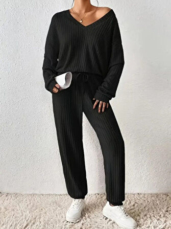 Kadın Uzun Kollu V Yakalı Kaşkorse Bluz Ve Pantolon Ikili Takım